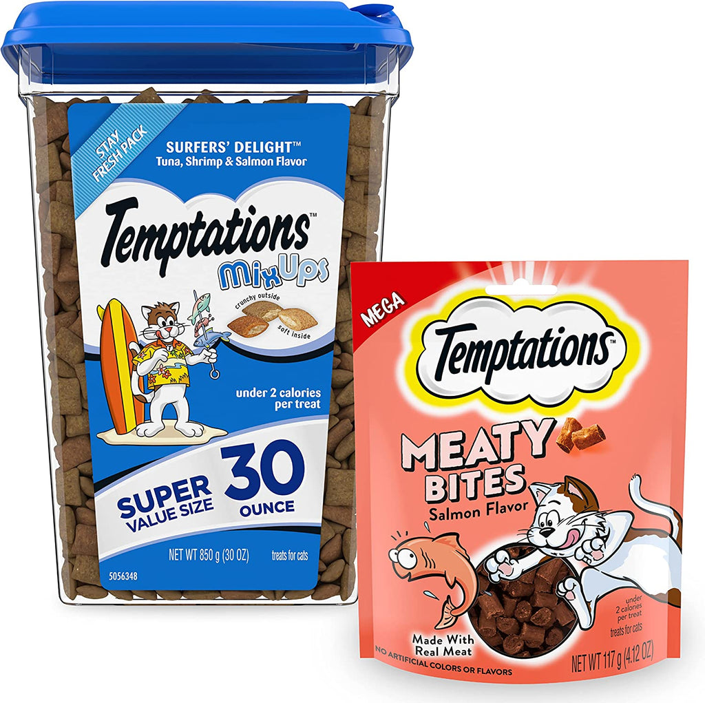 Bundle Pack | Mixups Crunchy and Soft Cat Treats, Surfer'S Delight Flavor, 30 Oz. Tub +  Meaty Bites, Soft and Savory Cat Treats, Salmon Flavor, 4.12 Oz. Pouch