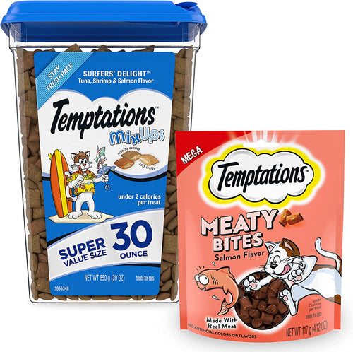 Bundle Pack | Mixups Crunchy and Soft Cat Treats, Surfer'S Delight Flavor, 30 Oz. Tub +  Meaty Bites, Soft and Savory Cat Treats, Salmon Flavor, 4.12 Oz. Pouch