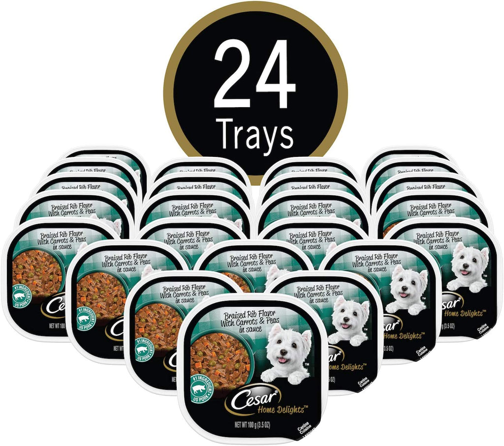 Home Delights Adult Soft Wet Dog Food Braised Rib Flavor with Carrots & Peas in Sauce, 3.5 Oz. Easy Peel Trays, Pack of 24