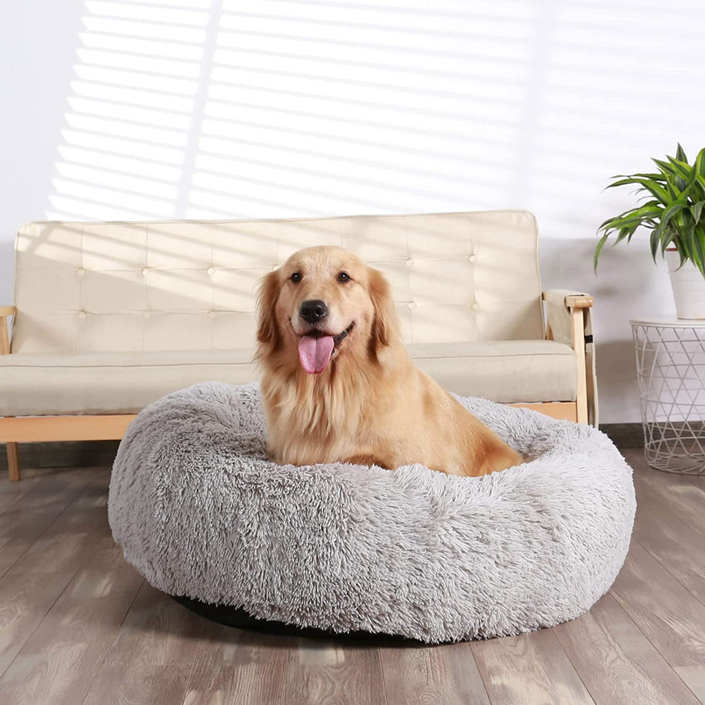 Calming Donut Cuddler Dog Bed, round Fluffy Pet Bed for Large Dogs,Washable, Large, Gray, 30''