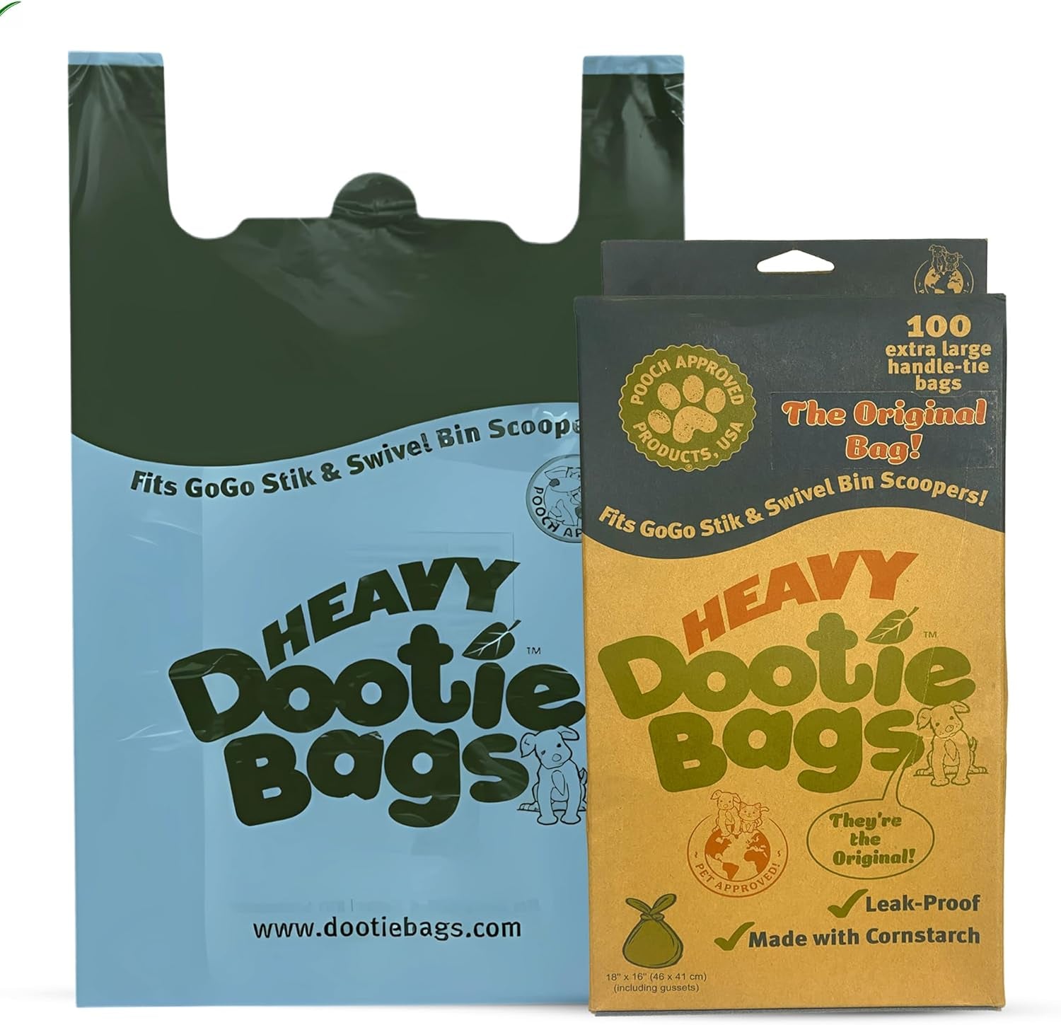 HEAVY Dootie Bags with EZ Tie Handles. Clean and Convenient for Pet Dog Poop, Cat Litter. Multi-Use. Great for Swivel Bin and  Scoopers. Made with Cornstarch. Strong, Leakproof and Very Large