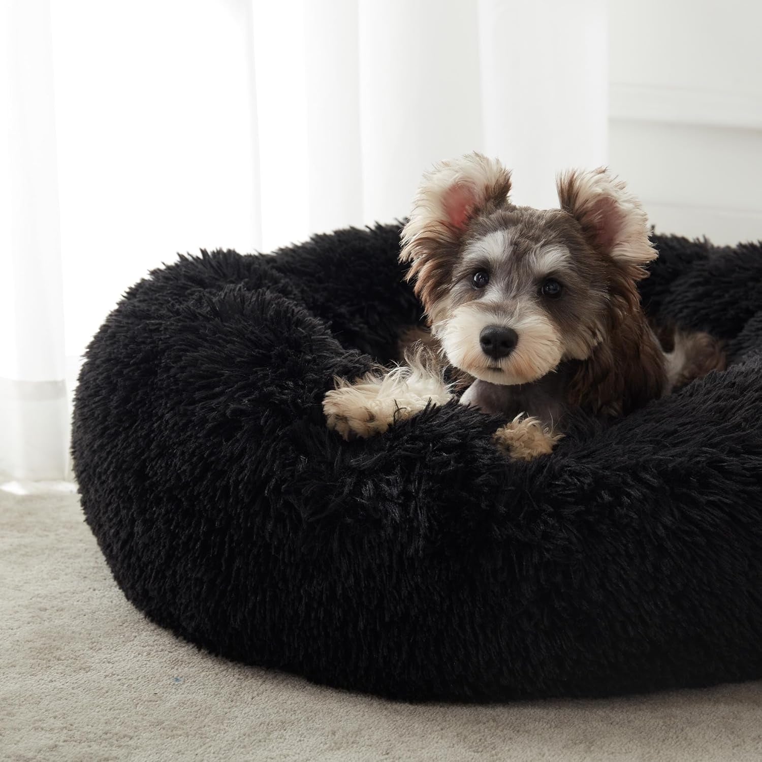 Calming Anti-Anxiety Donut Dog & Cat Bed, Warming Cozy Soft round Cushion, Fluffy Faux Fur Plush Cuddler for Small Medium Dogs and Cats