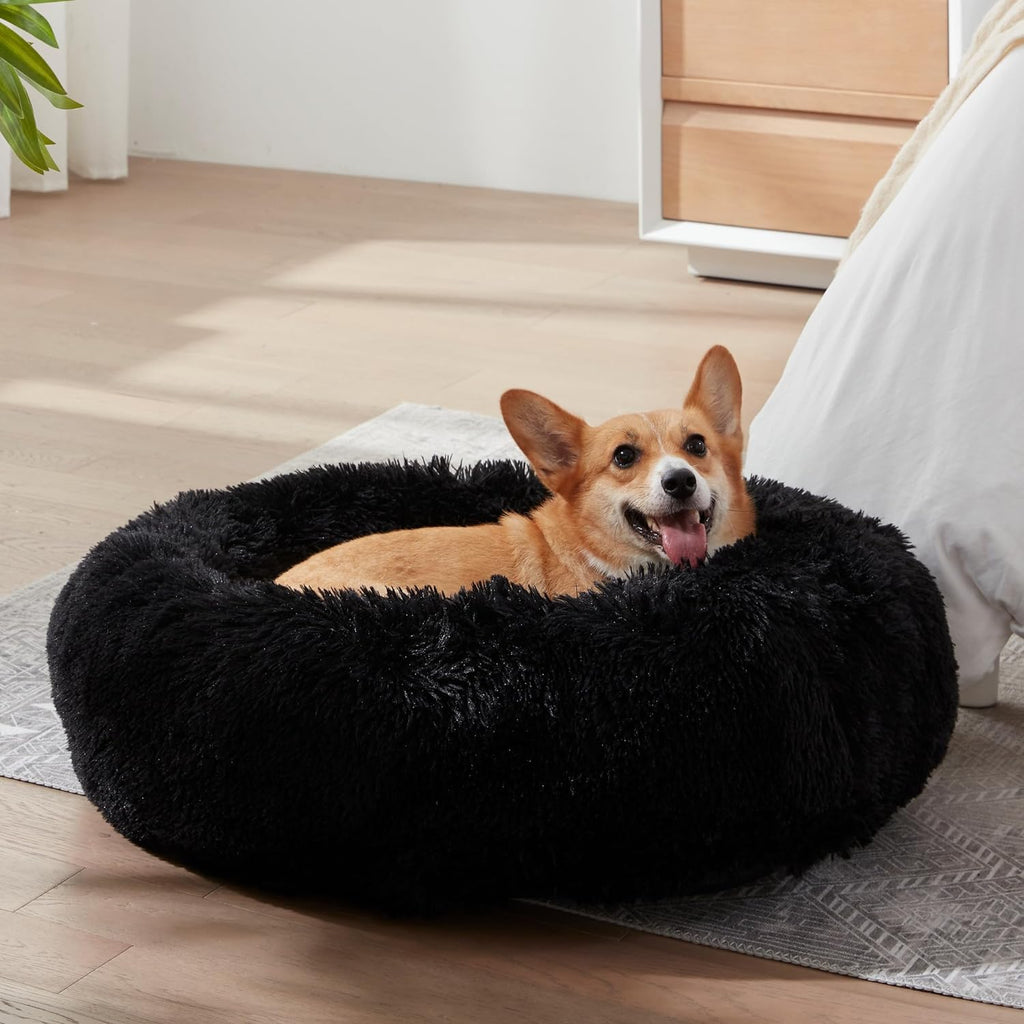 Calming Anti-Anxiety Donut Dog & Cat Bed, Warming Cozy Soft round Cushion, Fluffy Faux Fur Plush Cuddler for Small Medium Dogs and Cats